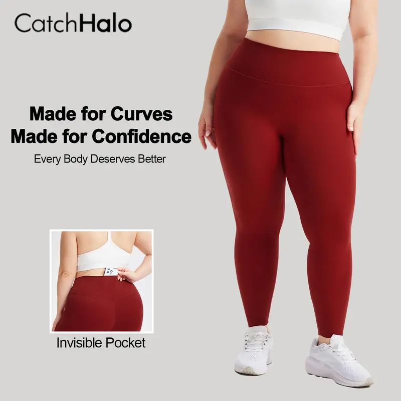 CatchHalo Plus Size High Waisted Tummy Control Cut-to-Length Yoga Leggings with Invisible Pocket for Confidence,High-Waist Seamless