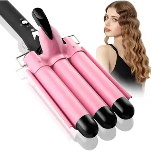 3 Barrel Curling Iron Hair Crimper Birthday Gifts for Women Dual Voltage Adjustable Temperature Three Barrels Hair Waver 1 Inch Ceramic Curler Wand Pink