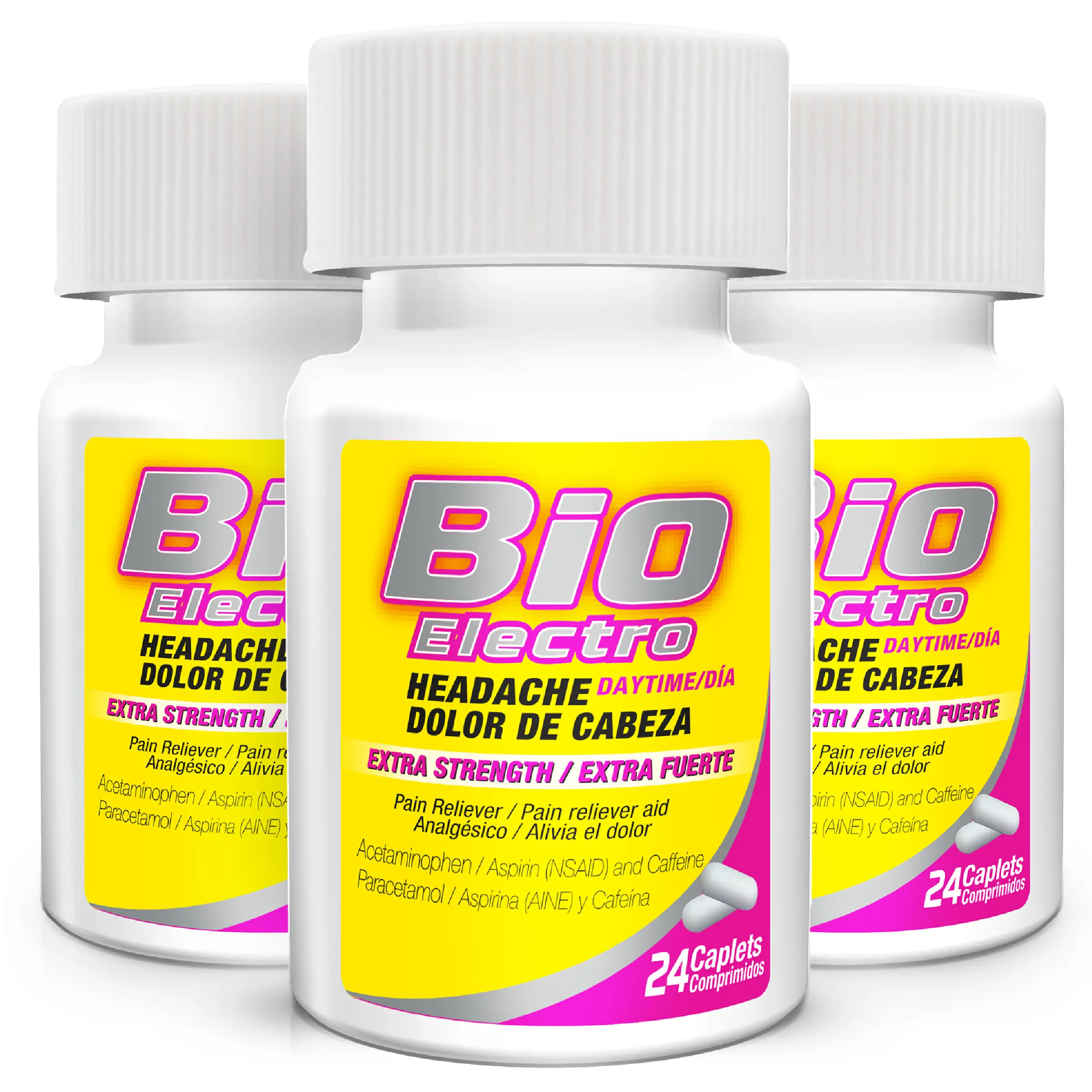 Bio Electro Headache Relief Tablets, Pain Reliever with Aspirin, Acetaminophen & Caffeine.  Toothache, Cold-Related Aches & Muscular Aches Relief, 3-in-1 Pain Relief, 24 Count (3 Pack)