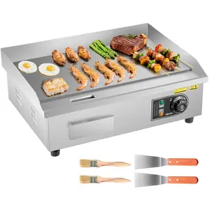VEVOR Commercial Electric Griddle, 21 x 11.8 inch, 1750W, 122-570 ° F Adjustable Temp Control, Stainless Steel Countertop Flat Top Grill with 2 Spatulas, 2 Brushes and 4 Foot Pads, for Steak, Pancake