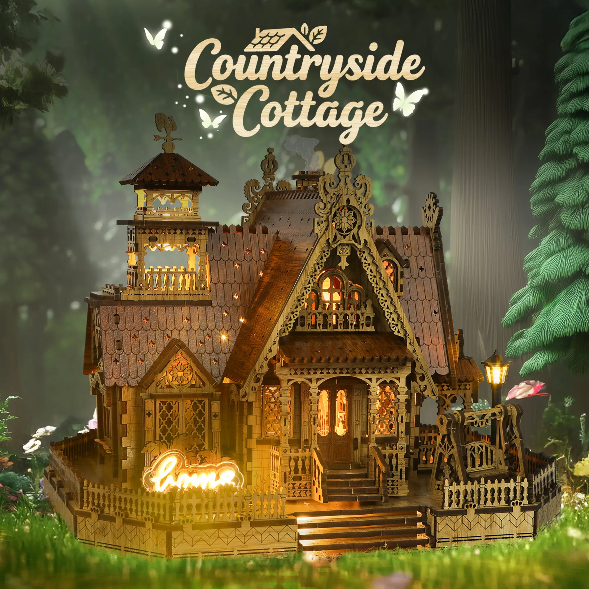 FUNPOLA LED 3D Wood Puzzle Countryside Cottage Model - DIY Miniature Building Kit with Spark LED Lights - 3D Craft Rural Architecture Home Décor Gift