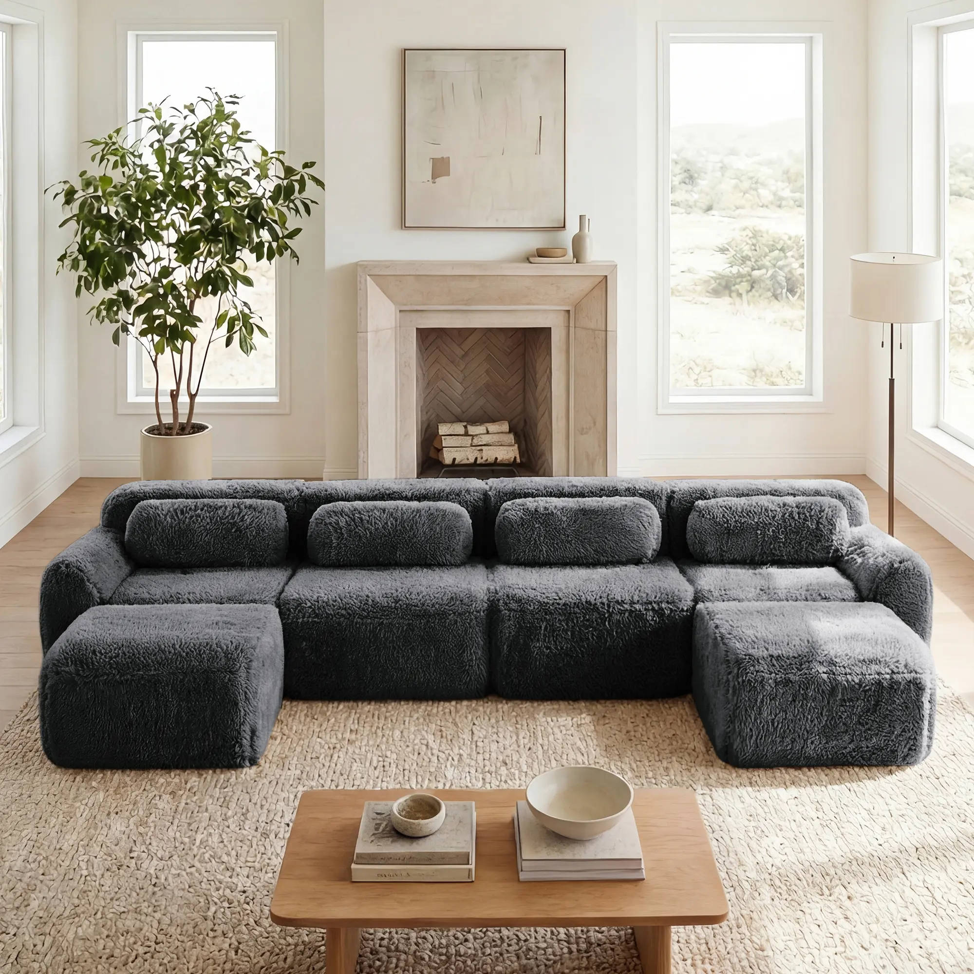 U-Shaped Boneless Sofa 32D High Density Sponge Cushion Anti-Slip Bottom No Assembly Ergonomic Modular Free Combination Vacuum Packed for Living Room Study Dark Grey, Living Room Furniture for Apartment, Lounge, Family Room, Sofa Couch Seating