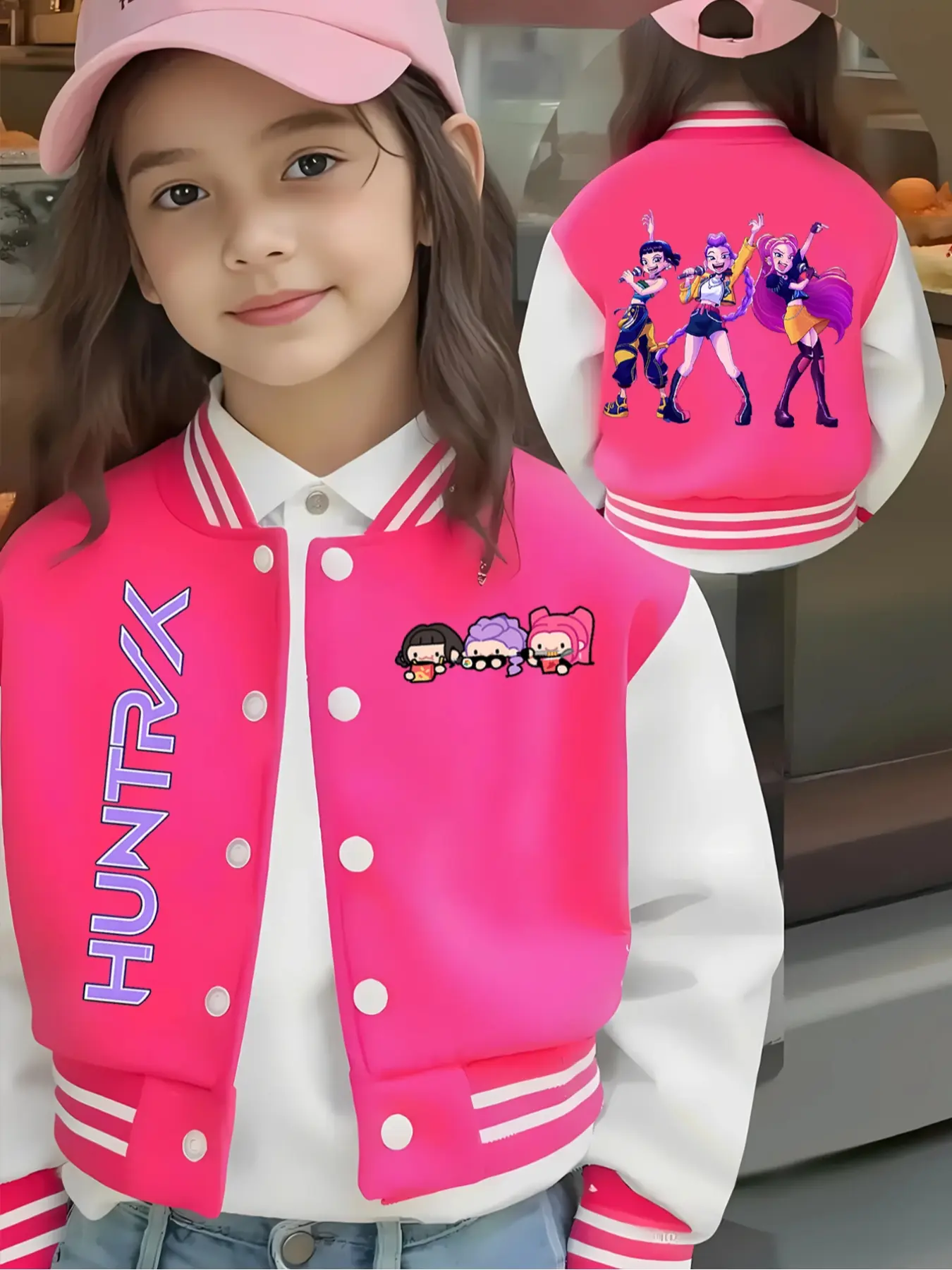 Girls' Halloween Cartoon Print Baseball Jacket, Elastic Fabric Fitted Design, Casual Fall & Winter School Uniform Outerwear, Casual Cute Outerwear