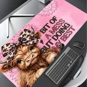 Bow Cow Pink Leopard Large Gaming Mouse Pad, Desktop Decoration Protection Pad, Rubber Pad Non-slip Lock Edge Work Pad, Multi-size Mousepad Suitable For Laptop, Desktop Computer Games, Work, Desktop Accessory, Office Desk Accessories, Gift For Kids