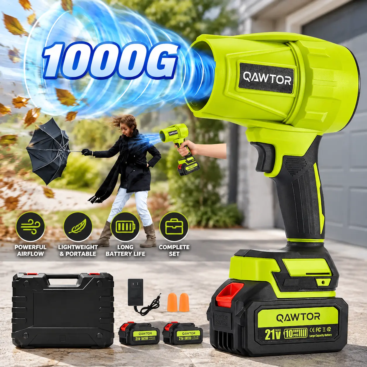 Qawtor Cordless Leaf Blower & Turbo Air Blower, Powerful Handheld Jet Fan for Car Drying, Dust Removal, Yard Cleaning, Garden Maintenance & Household Use