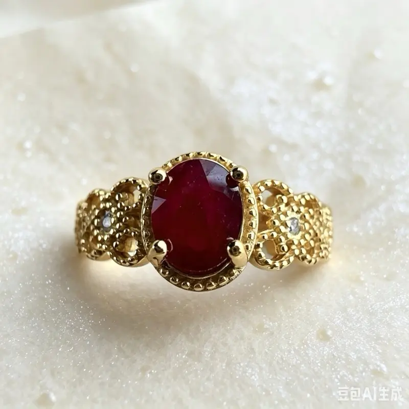 <PingEast jewelry >Ruby ring404—Fit for royalty — this 925 sterling silver ring features a regal gold-tone lace-inspired band and a 5×6mm natural Burmese pigeon blood ruby in a classic four-prong setting. Elegance with a vintage soul. Certified