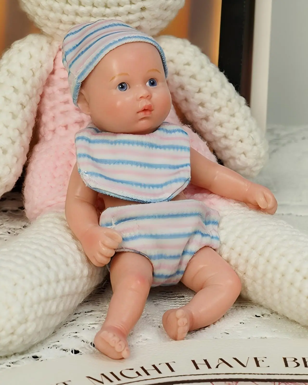 6'' Tiny Silicone Soft Lifelike Newborn Reborn Baby Doll, Handcrafted Pocket-Size Toy in Adorable Striped Outfit, Soft Doll, Lifelike Newborn Doll