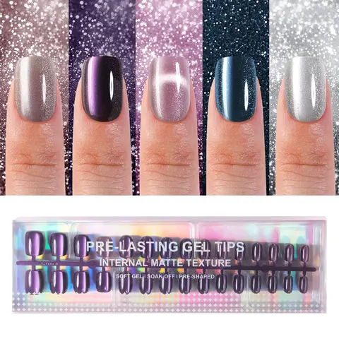 150pcs acrylic short square cat-eye push-on false nails, 5 colors of fashionable cat-eye design false nails set, suitable for women and girls, nail salons to use false nail decoration, Matte Metallic Glitter, Glittering Fake Nails, Acrylic Press Nails