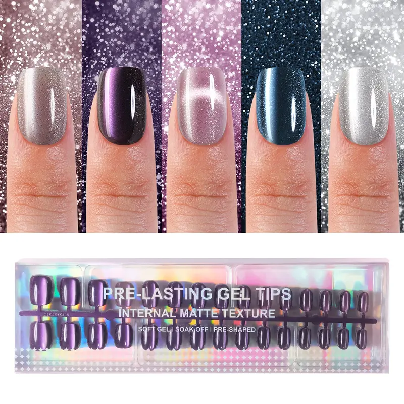 150pcs acrylic short square cat-eye push-on false nails, 5 colors of fashionable cat-eye design false nails set, suitable for women and girls, nail salons to use false nail decoration, Matte Metallic Glitter, Glittering Fake Nails, Acrylic Press Nails