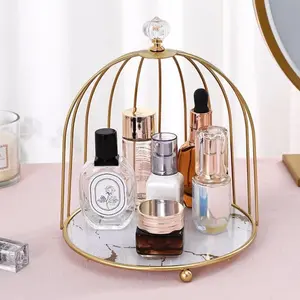 Gold Birdcage Bathroom Organizer Tray - White Marble Glass Top, Decorative Countertop Storage for Makeup, Perfume, Rings | Vanity Desk Decor