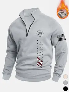 Men's Fall Winter Casual Stand Collar Pullover Sweatshirt, Flag Pattern Print, Half Zip Design, Long Sleeve Fitted, Layering Wear