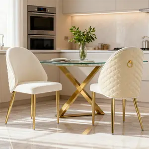 Modern Beige Dining Chairs Set of 2 Comfortable White Upholstered with Gold Legs Sturdy Kitchen Chairs for Home Office Apartment