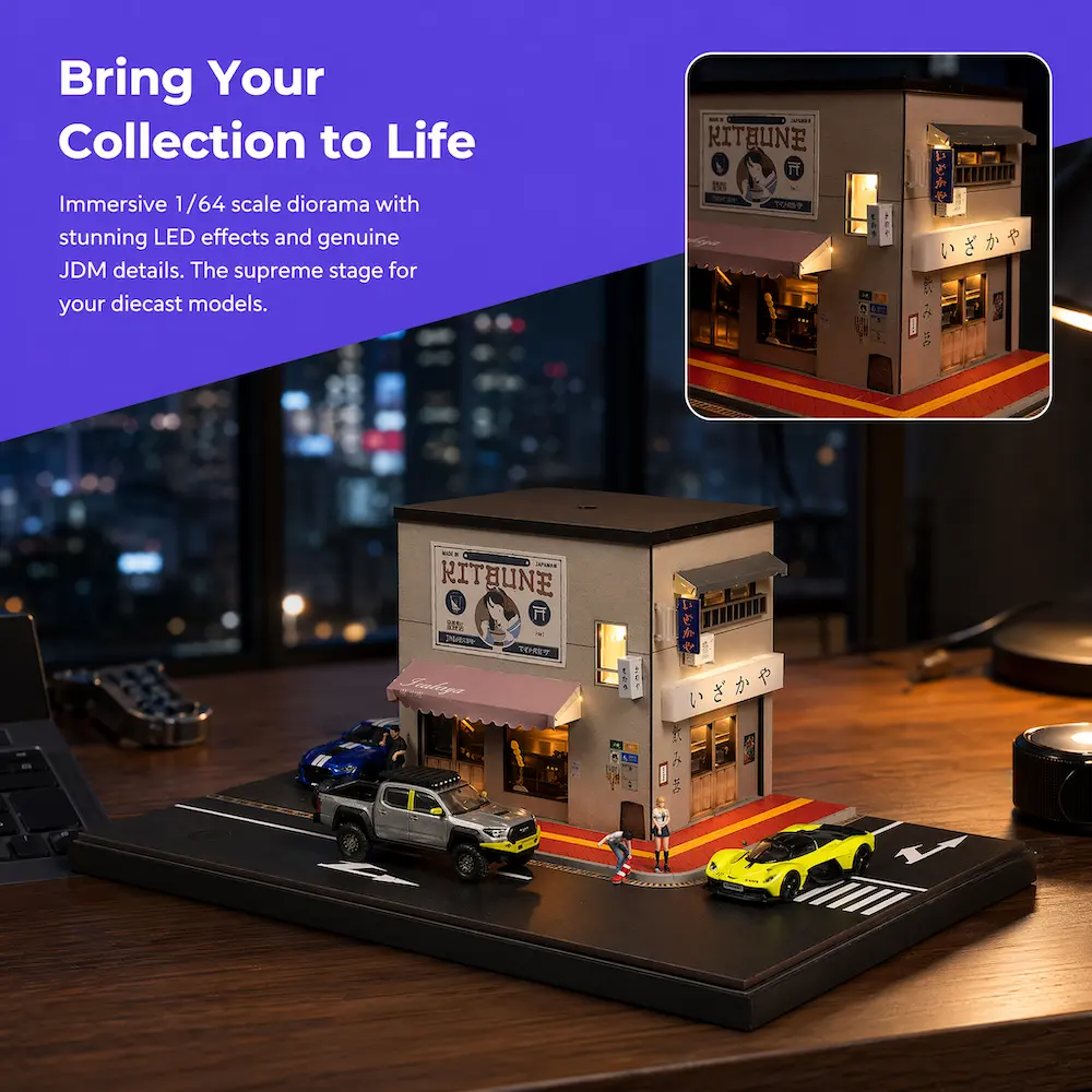 1:64 Japanese Izakaya Ramen Shop Diorama Warm Light LED Diecast Display Showcase Tokyo Street View PVC Architecture Model Desk Decor For Collectors 1/64 JDM Drift Alloy Car Storage Organizer Man Cave Gift