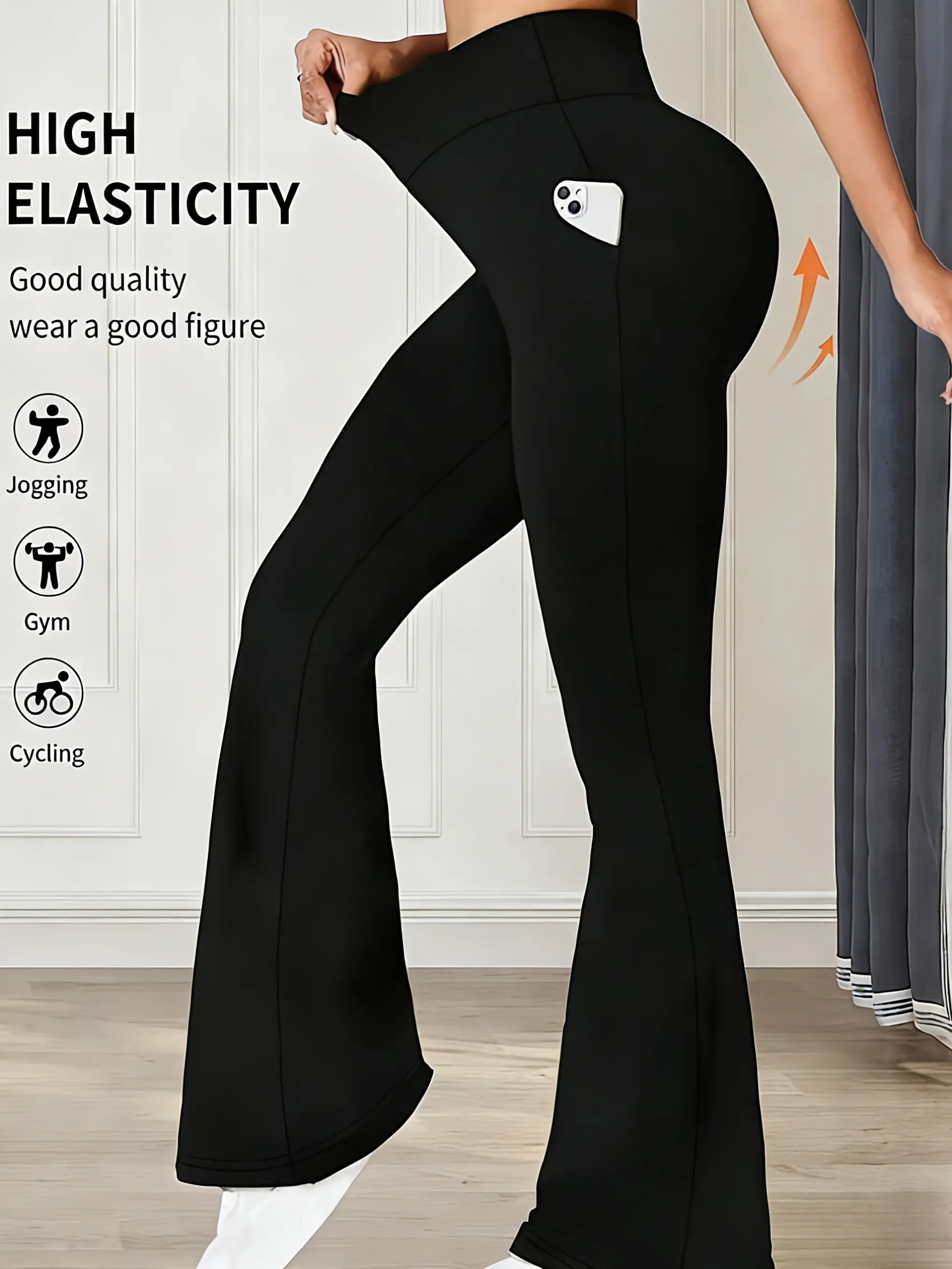Women's High-Waist Athleisure Style Bottoms - Comfy Yoga Flare Stretch Pants, Flared Workout Leggings, Elastic Fabric Gym Fitness Sportswear with Pockets, Suitable for Casual Outings, Leisure Activities, Comfy Yoga Pants, High Waist Sportswear, Pants For
