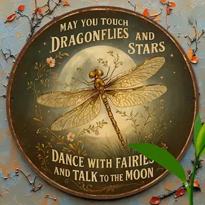 Victorian Retro Metal Signboard 2D Flat - Wall Decor "Dragonfly, Moonlit Night and Flowers" With the phrase "May you touch the dragonfly and talk to it" - Black background and floral border - Durable aluminum decoration, suitable for indoor/farm use