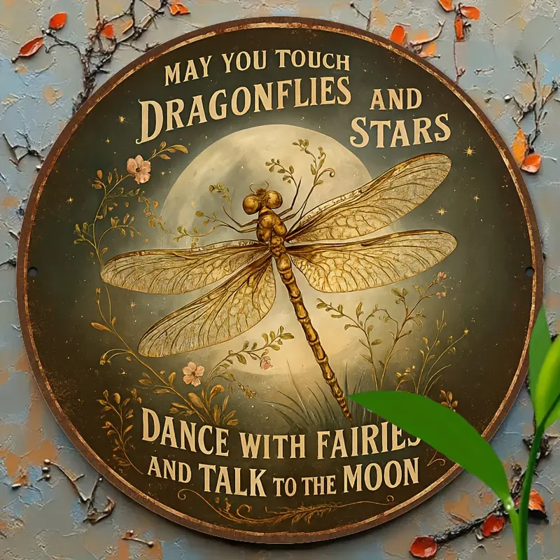 Victorian Retro Metal Signboard 2D Flat - Wall Decor "Dragonfly, Moonlit Night and Flowers" With the phrase "May you touch the dragonfly and talk to it" - Black background and floral border - Durable aluminum decoration, suitable for indoor/farm use