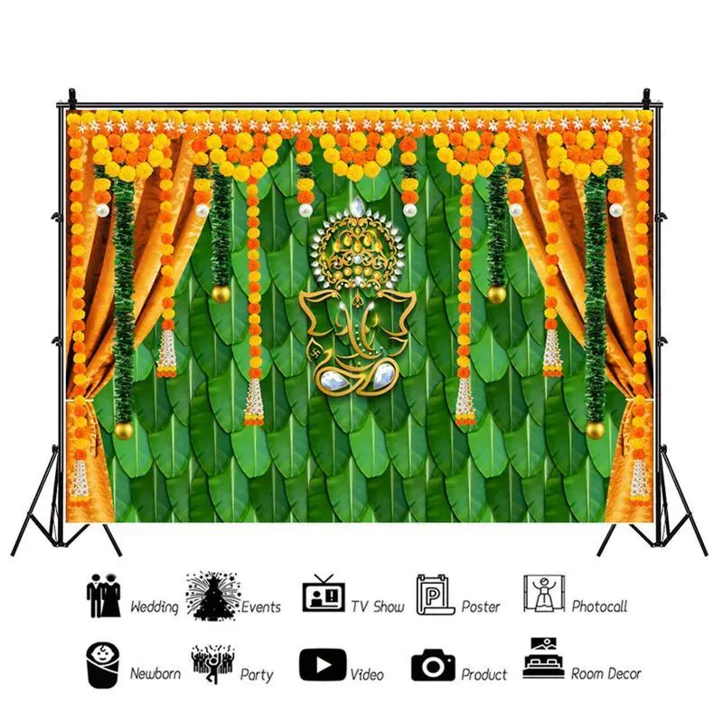 Indian Traditional Marigold & Green Leaf Cotton-Linen Full Print Decorative Flower Garland Tapestry - Light, Strong, Anti-Pilling, Multi-Size (30*40in/40*30in) Cloth Backdrop, Hand Washable, Bright Colors for Hindu Wedding, Home Decor, 30*40Inch