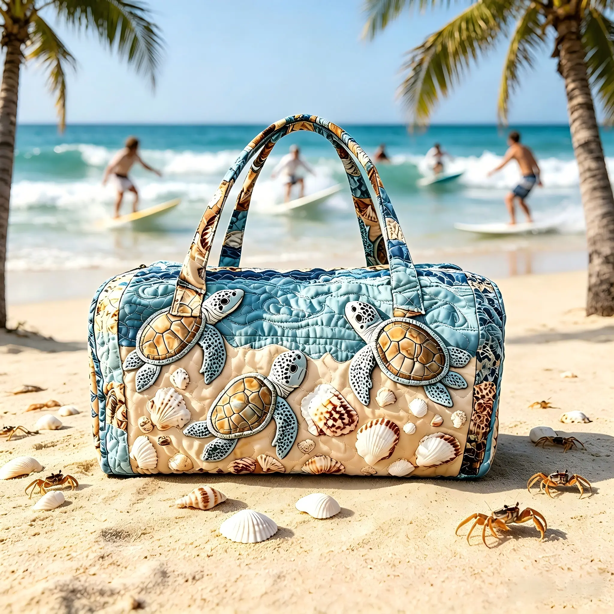 Quilted Sea Turtle Duffel Bag, Ocean Seashell Beach Print Travel Luggage Bag, Large‑Capacity Ocean‑Themed Sports Gym Bag, Summer Vacation Handheld Overnight Weekender Bag. gym bag