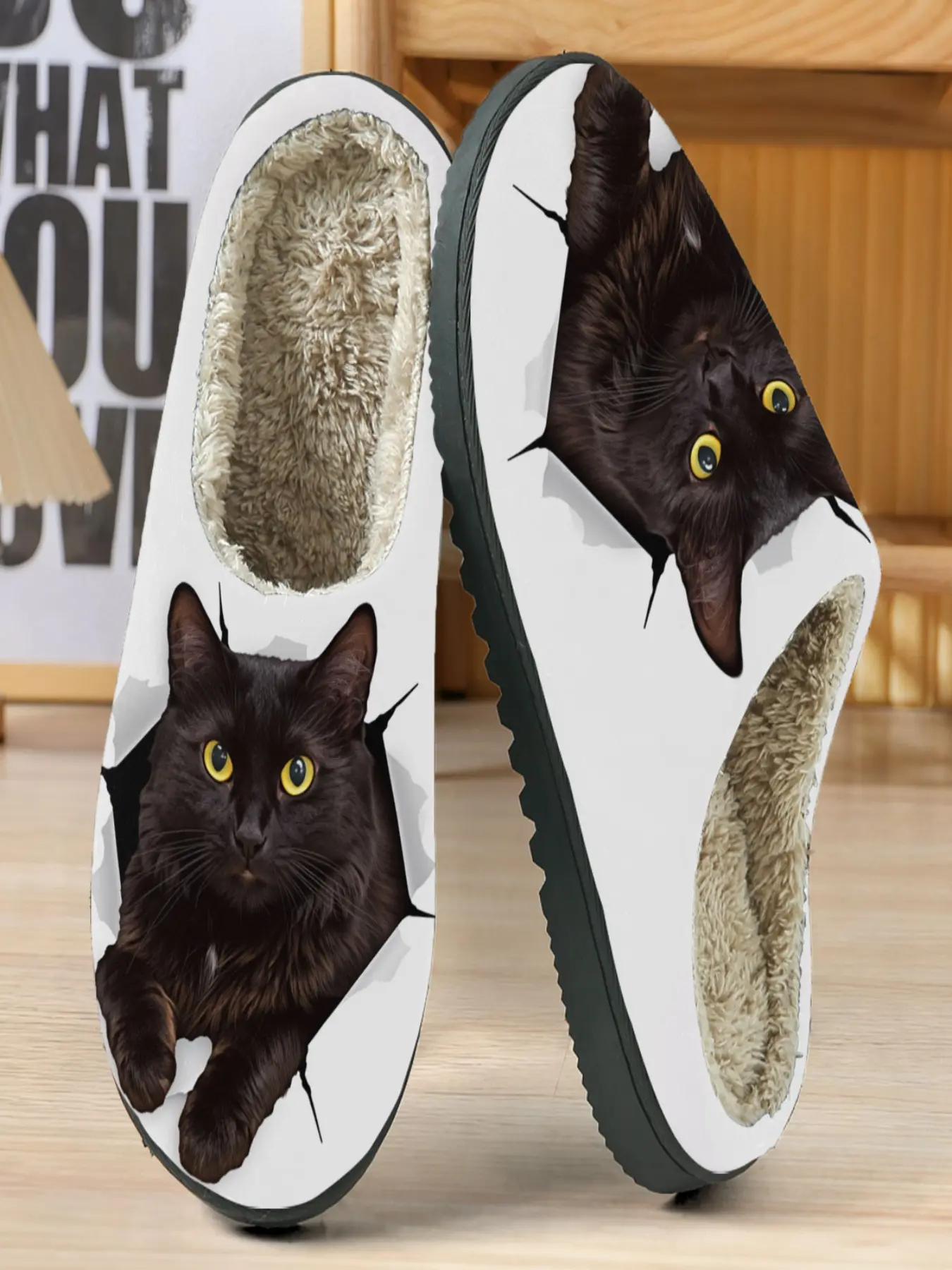 Creative Broken Screen Cat Cotton Slippers, Base, Fun Design, Soft Plush Lining, Casual Home Wear, Fall & Winter