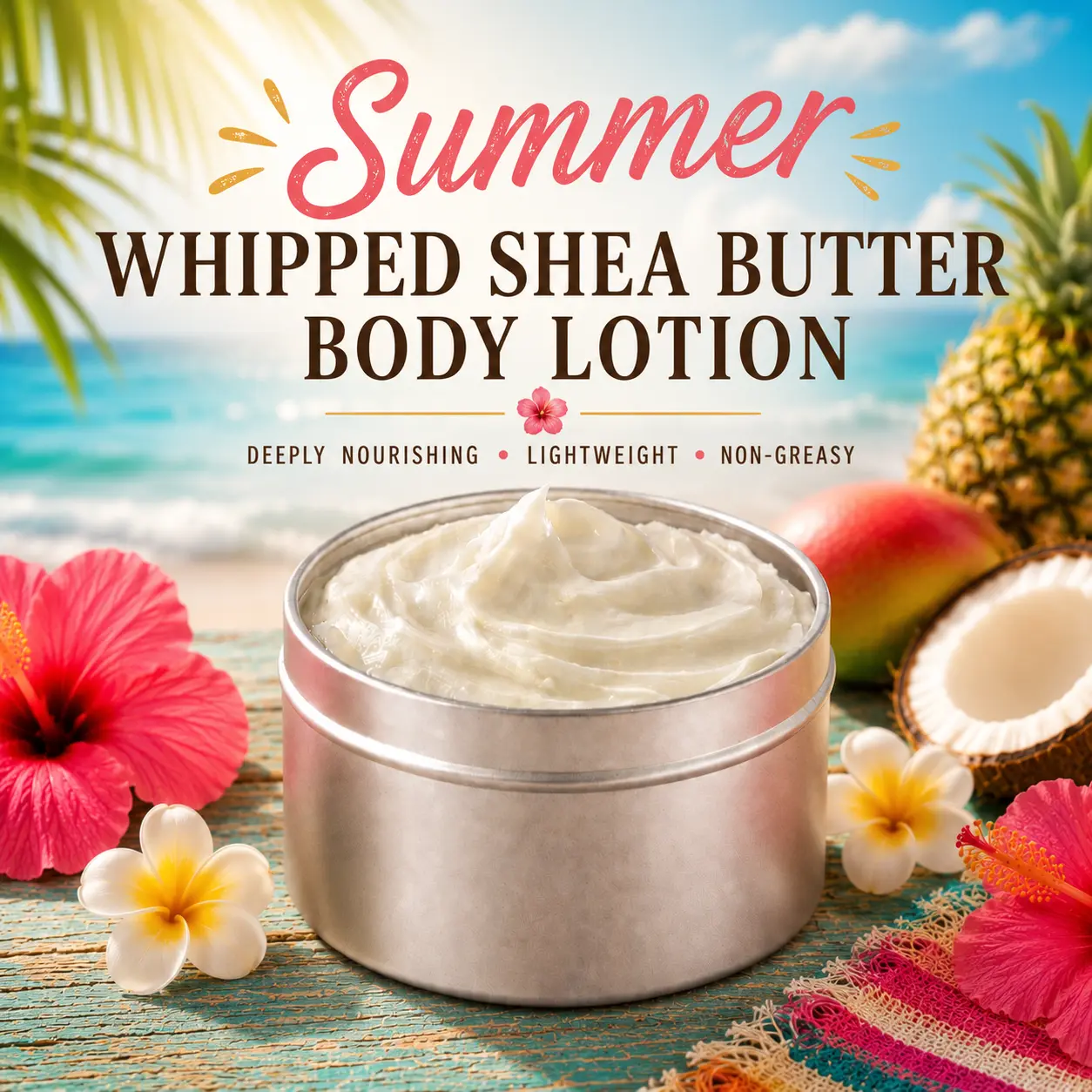 Whipped Shea Butter Body Lotion - Fragranced Tropical Watermelon-Papaya Handmade Cream for Dry, Rough Skin Relief, Daily Summer Hydration, Beach and Pool Day Moisture, Rich Texture, Summer Self-Care Ideal Gift