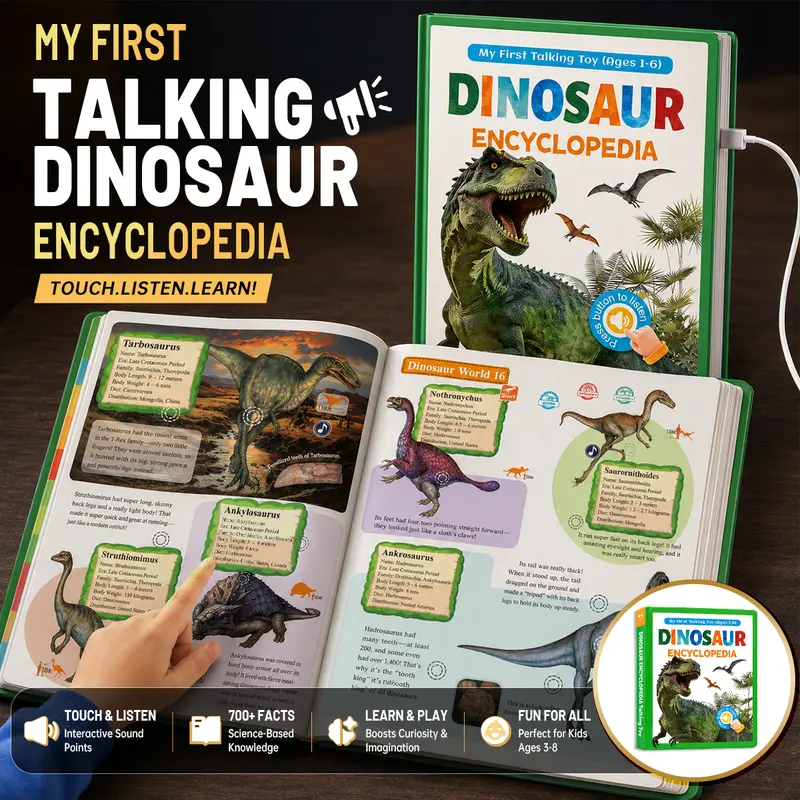 Sohochic Unisex Interactive Sound Language Dinosaur Toy for Kids Ages 3-8 - Touch Activated, Dinosaur Facts, Self-Led Learning, 100+ Prehistory Species, 400+ Dino Calls, Waterproof, Sound Library, Type-C Charge, Laminated Pages, Gift Idea