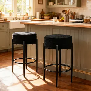 Backless Round Bar Stools, Set of 2, Short 24" High Barstools, Convenient Foot Rest, Linen Boucle Fabric Cover and Thick Sponge Seat for Kitchen, Pub, Island, White