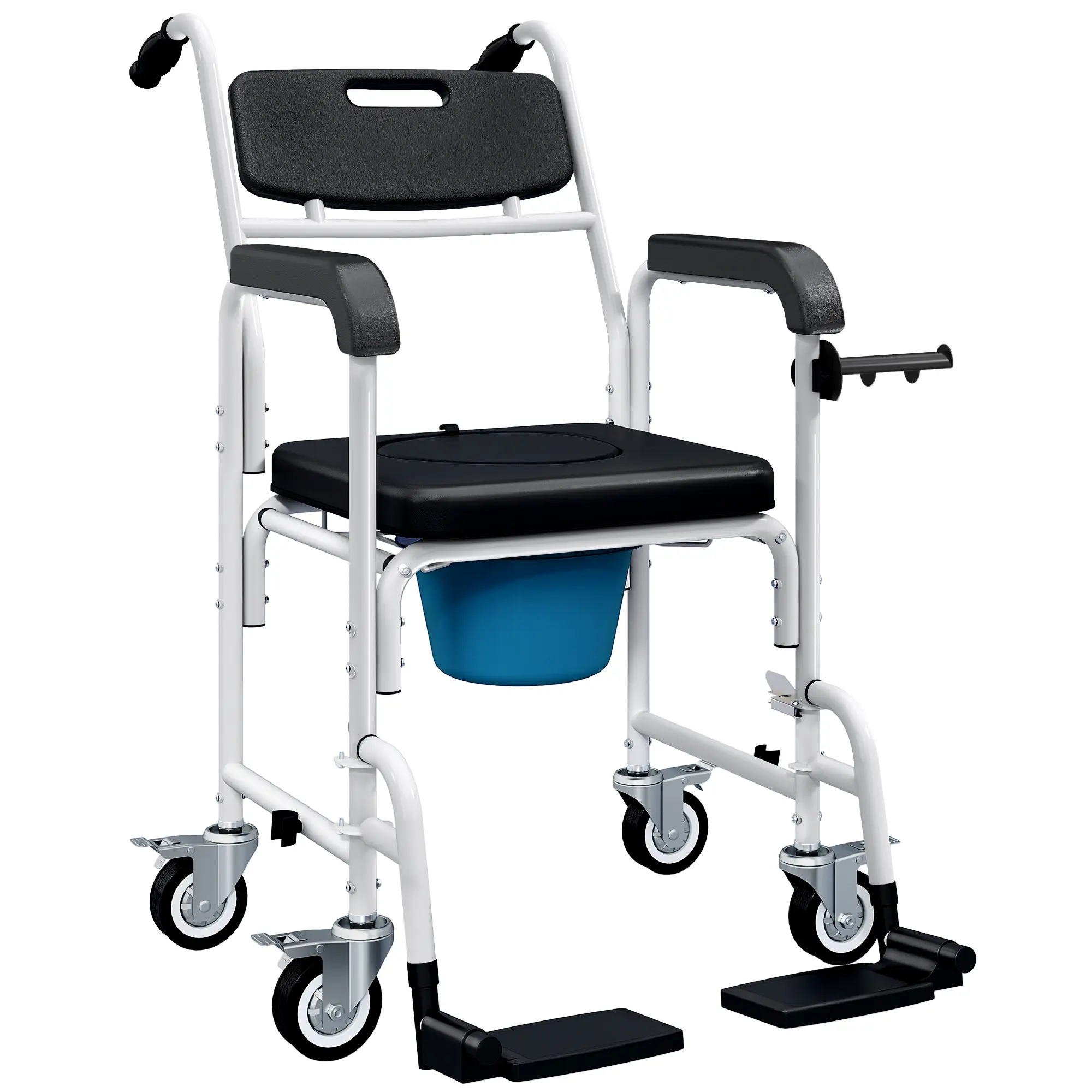 Four-in-one rolling shower commode wheelchair with locking wheels and flip footrest adopts easy-clean material, equipped with tissue holder and detachable bucket for daily indoor sitting use of adults with limited mobility