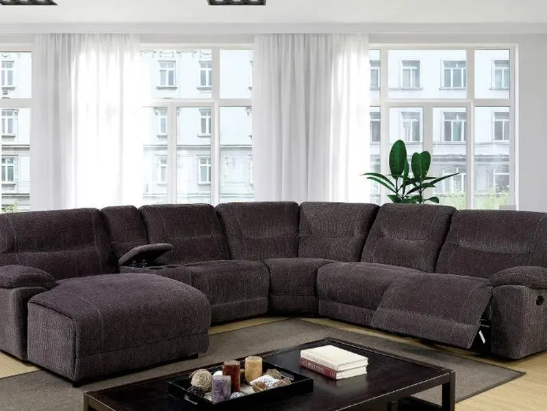 Zuben Gray Chenille Fabric CM6853 6-Pc Sectional Sofa with Recliner and Chaise Modern Living Room Furniture Set