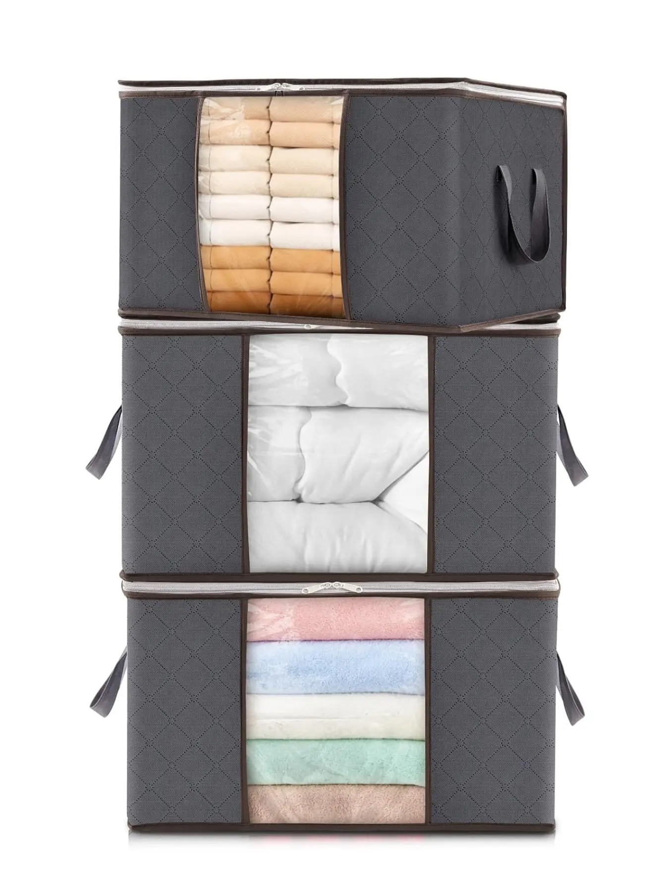 LMMAKE 1PC/3PCS Clothes Storage Bin with Lids Foldable Blanket Bag Clear Window Reinforced Handles for Closet Organization Dust Protection uber eats
