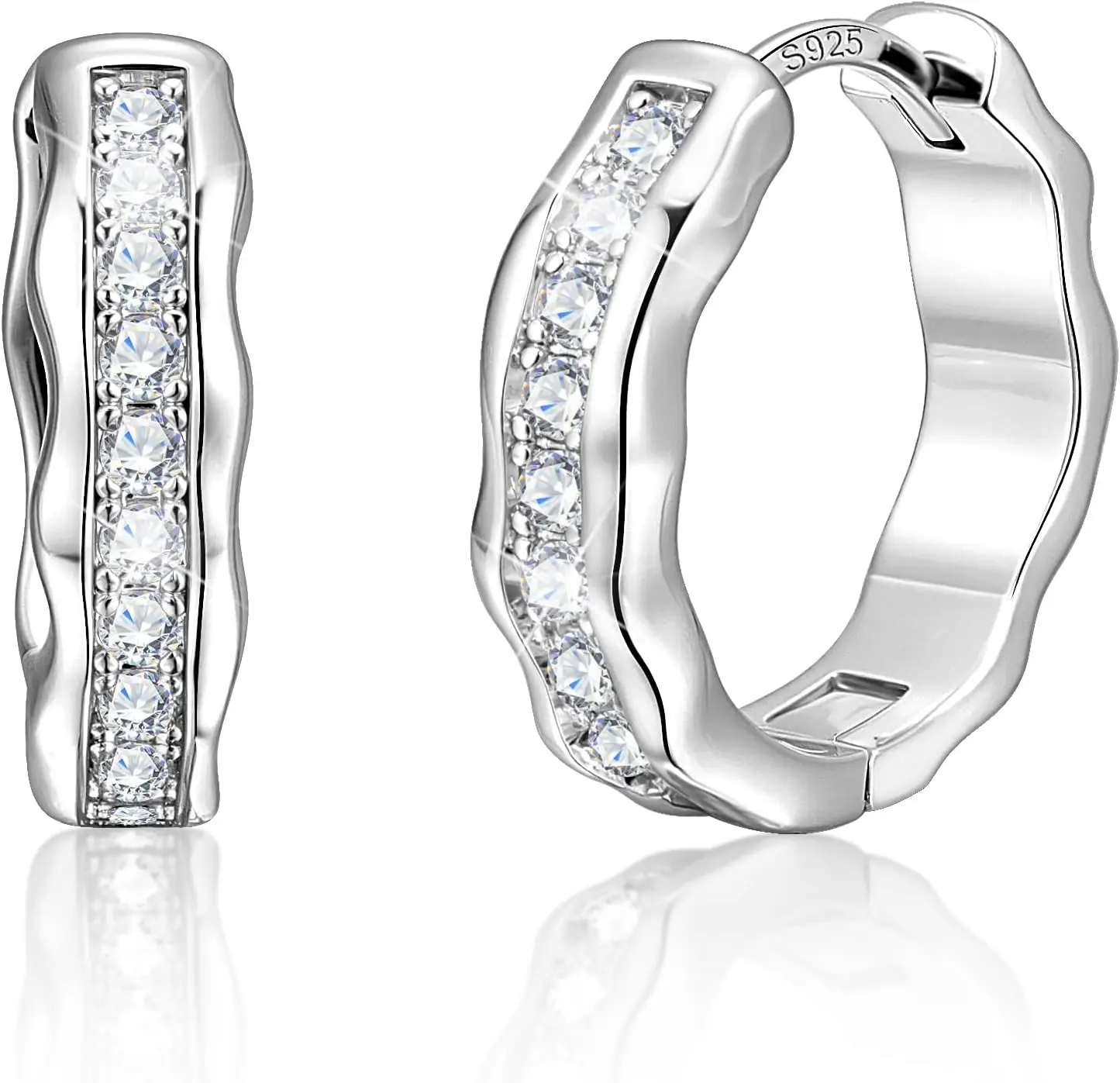 Silver Hoop Earrings, Small Chunky Silver Shiny Cubic Zirconia Twisted Hoop Earrings for Women Trendy Hypoallergenic Lightweight Thick Wave Huggie Earing Jewelry for Women Gifts in Box