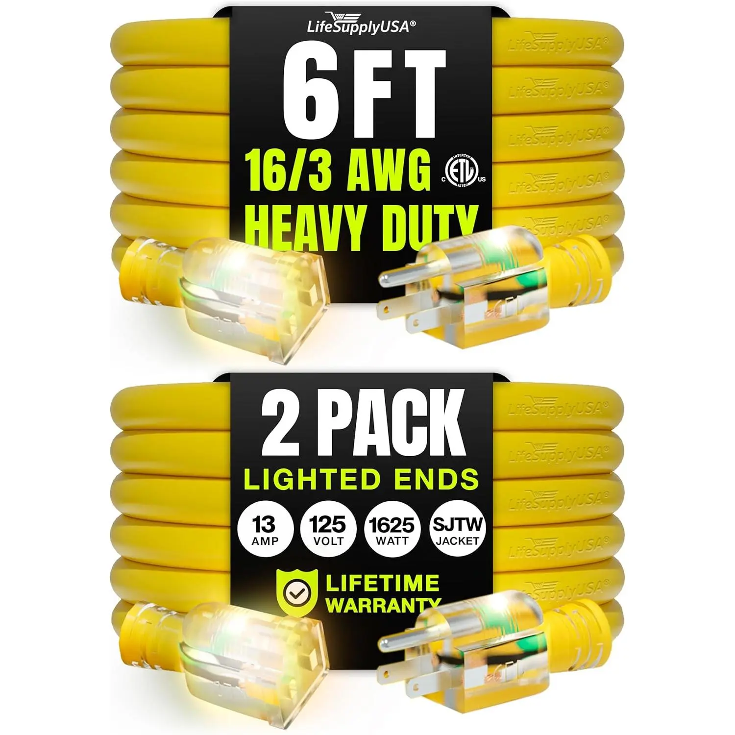 Outdoor/Indoor Extension Cord Heavy Duty 3 Prong SJTW, Waterproof, ETL Listed Flexible Cold-Resistant Long Power Cord by LifeSupplyUSA (2-Pack)