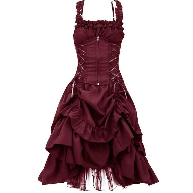 Renaissance Lace-up Midi Dress Gothic Ball Gown Skirt Slim Fit Irregular Lace-up Waist Lace Dress Womenswear Elegance Style Sleeveless Formal Casual Cotton Love Suit Basic Minimalist