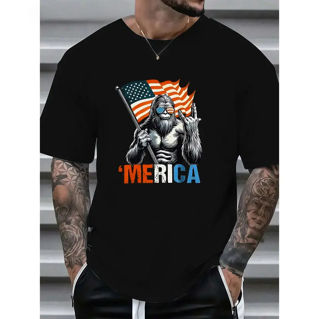 TF T - Shirt with a Fun Twist: Iconic Bigfoot Figure Holding Flag and Making Hand Gesture with 'Merica' for a Light - hearted Patriotic Vibe