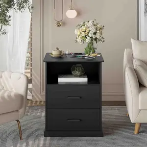 Sikaic Nightstand with Charging Station 2 Storage Drawers and Open Cubby Smart Nightstand