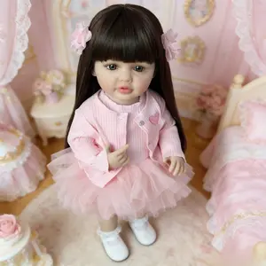 22" Realistic Vinyl Reborn Baby Girl Doll, Long Brown Hair with Blue-Green Eyes, Pink Tutu Dress & Cardigan, Magnetic Pacifier & Full Accessories kit