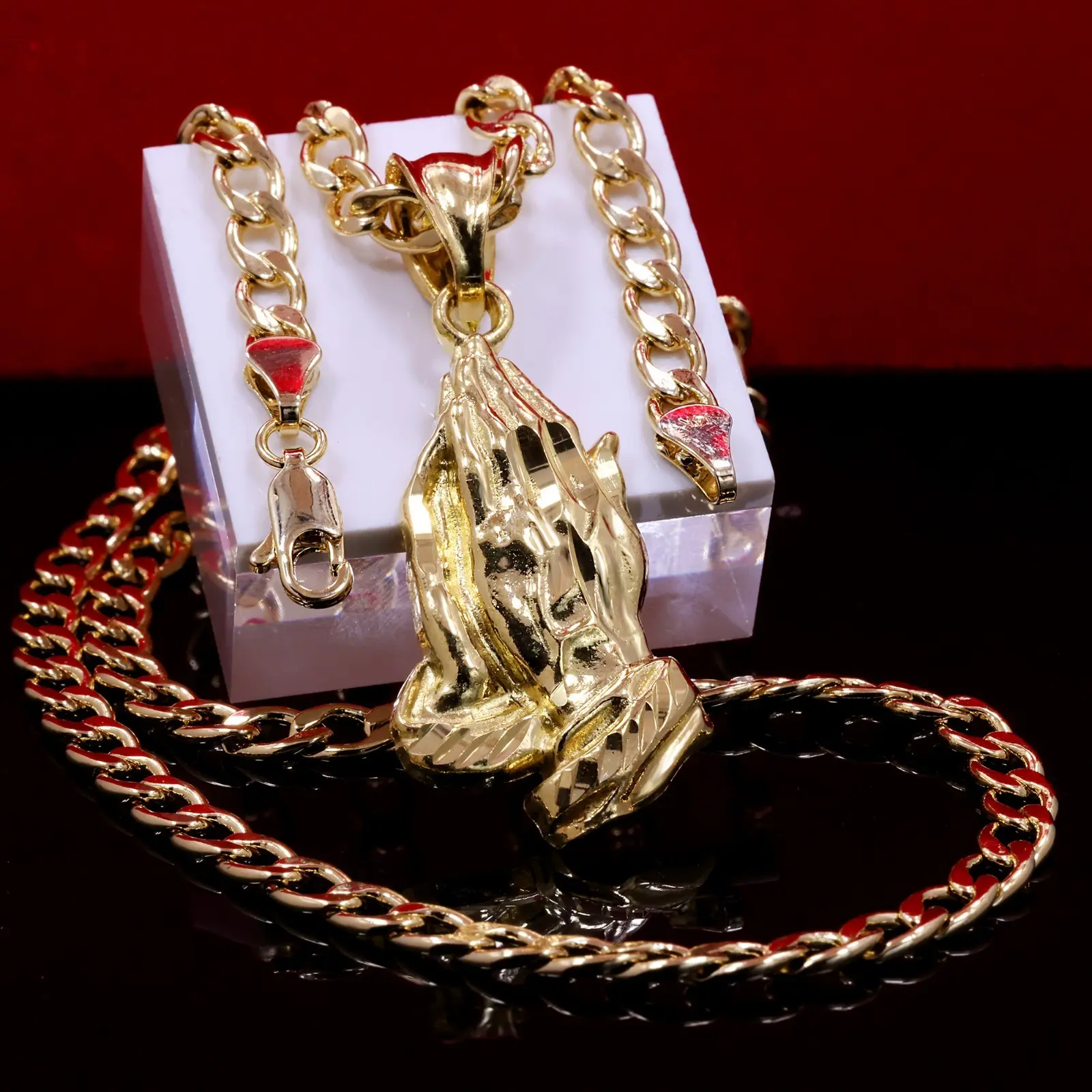MaxBling81 Blessed Holy Praying Hands Religious High-End Pendant & 14K Stamped Brass Cuban Chain Necklace, 6mm, 20"/24" Hip Hop Style Unisex Jewelry For Men Women, Fashion Costume Accessory