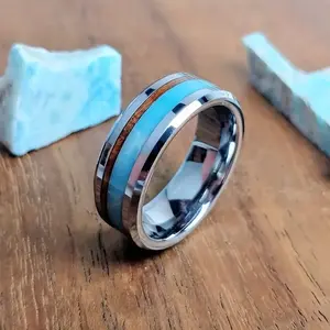 Stainless Steel Titanium Wedding Engagement Ring with Turquoise and Wood Inlay, Featuring Synthetic Turquoise and Wood Design