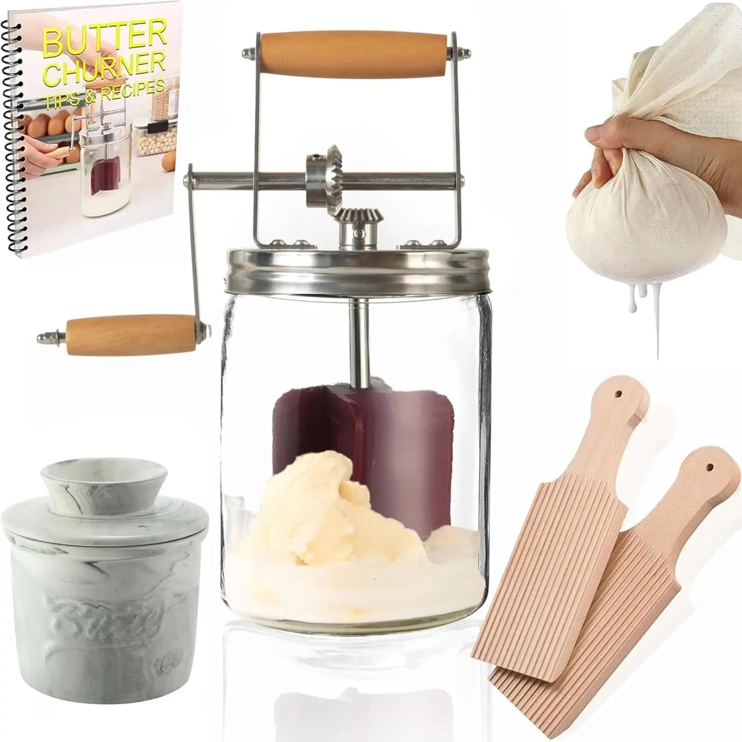 Dazey Butter Churn- Cheese Cloth and Beech Wood BUTTER PADDLES INCLUDED- Hand Crank Butter Churner- Manual Butter Maker- Create Delicious Homemade Butter With Your Own Hand Crank Dazey Butter Churner