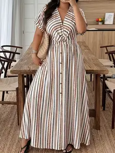 Women's Plus Size Fashion Casual Striped Dress, Elegant Pull-On Design, Comfortable and Stylish, Perfect for Daily Wear