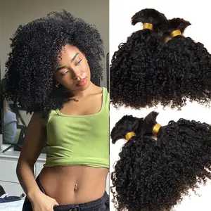 Double Drawn Afro Kinky Bulk Human Hair Extensions 100% Unprocessed Brazilian Virgin Human Hair Afro Kinky Curly Bundles Human Hair Extensions For Black Women Unprocessed Double Drwan Weft Hair for African Americcan Women Natural Color