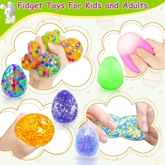12 Pack Prefilled Easter Eggs with Toys & Stress Relief Fidget Balls Easter Basket Stuffers Squishy Sensory Toys Easter Egg Fillers for Kids Classroom Party Favors Gifts
