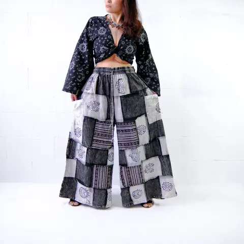 Women's Cotton Patchwork Palazzo Wide-Leg Pants - Earth Tones, Bohemian 90s Hippie Whimsigoth, Elastic Waist, Pockets, Plus Size, Festival Bottom (Boho Pants, Whimsy Clothing, Plus Size Women's Clothing)