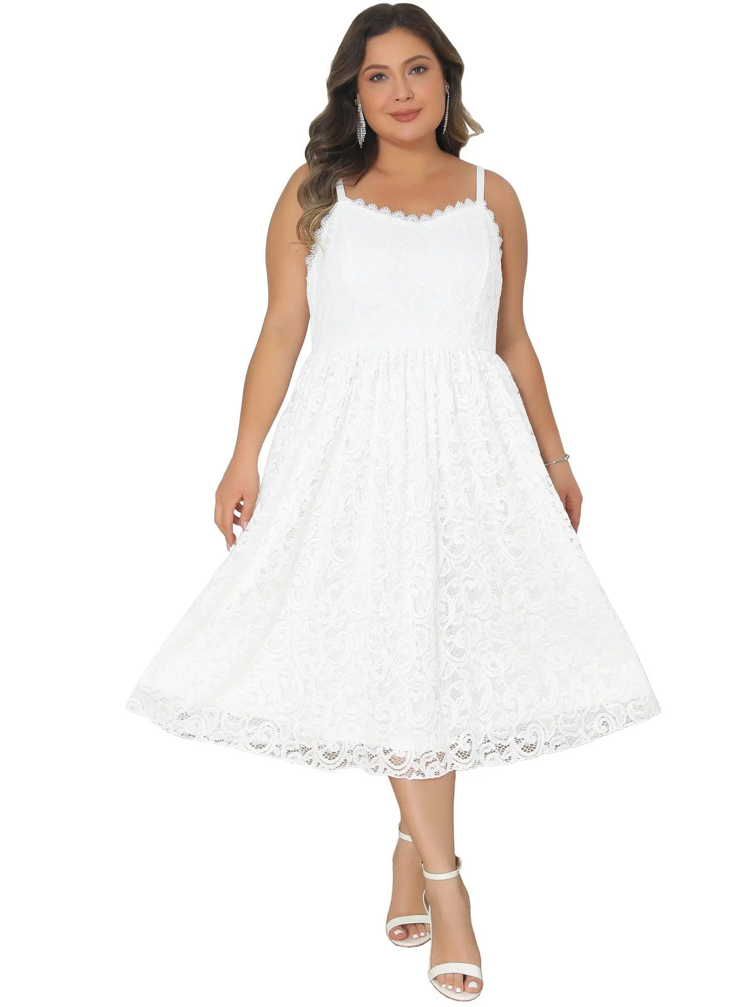 Agnes Orinda Plus Size Wedding Dress for Women Lace Floral Overlay Swing Wedding Formal Evening Gowns Cocktail Party Long Dresses