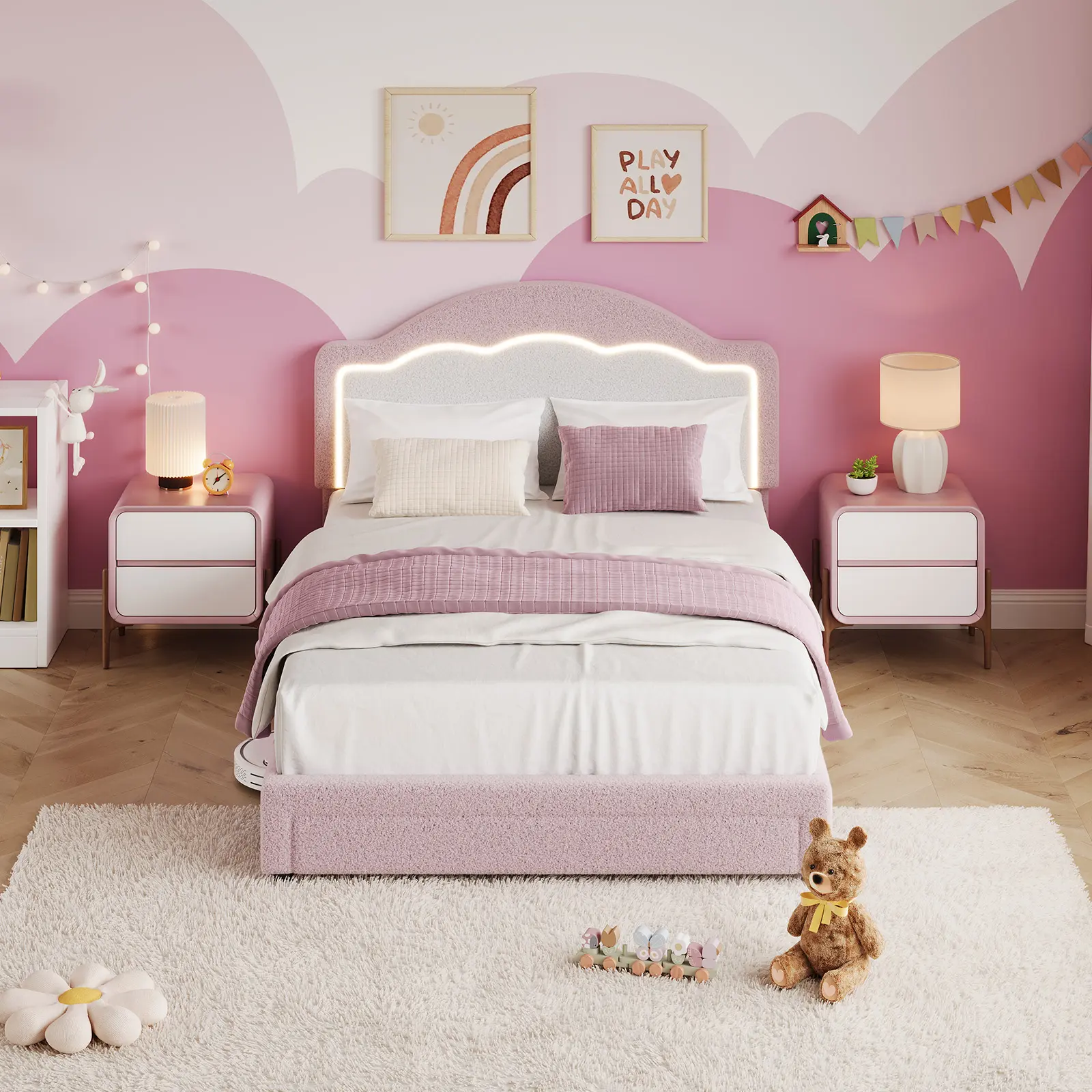 Garvee LED Headboard Kids Bed Frame – Full Size Boucle Upholstered Platform – Under-Bed Drawer – Wooden Slats – Modern Blue and Pink – No Box Spring Needed – Perfect for Girls