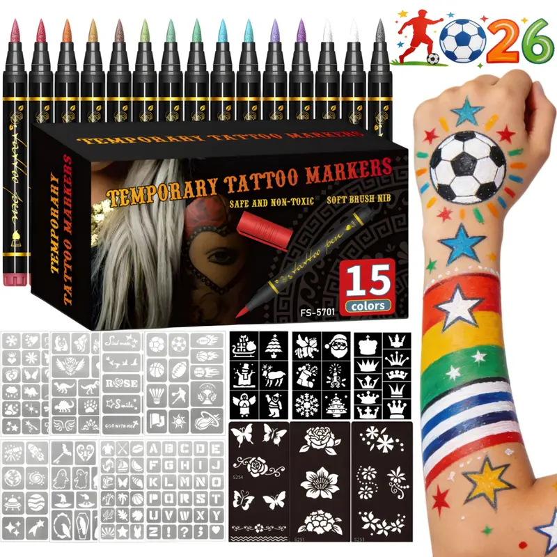 Temporary Tattoo Markers for Skin, Body Art, 10/15/30-Count Body Markers + Large Tattoo Stencils, Mehndi Stencils, 10/15/30 Colors Tattoo Pens, Flexible Brush Tip, Bright Colors, Face Paint Kit, Halloween Makeup