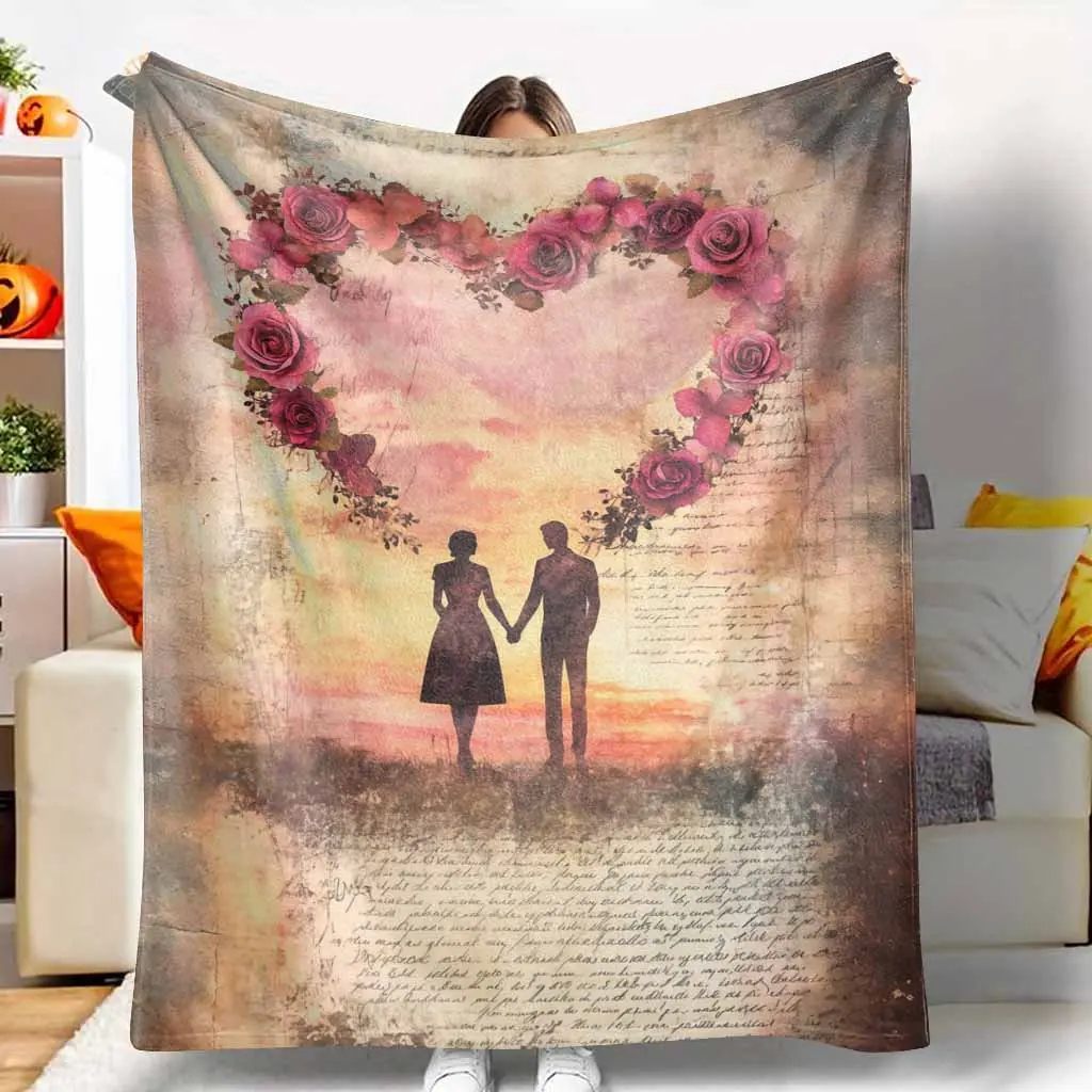 Romantic Couple Flannel Blanket Vintage Rose Heart Print Soft Cozy Warm Throw Perfect for Bedroom Living Room Anniversary Wedding Gift Home Decor tiktokshopspringglowup