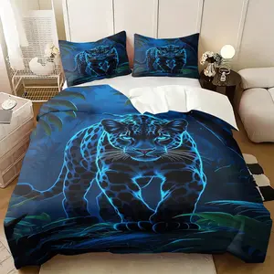 2/3Pcs Glow Dark Neon Blue Black Panther Duvet Cover Set, Jungle Tropical Wildlife Comforter Cover, Cool Wild Animal Bedding Set with Pillowcases, No Filler, For Teen Boys Men Bedroom Aesthetic Decor