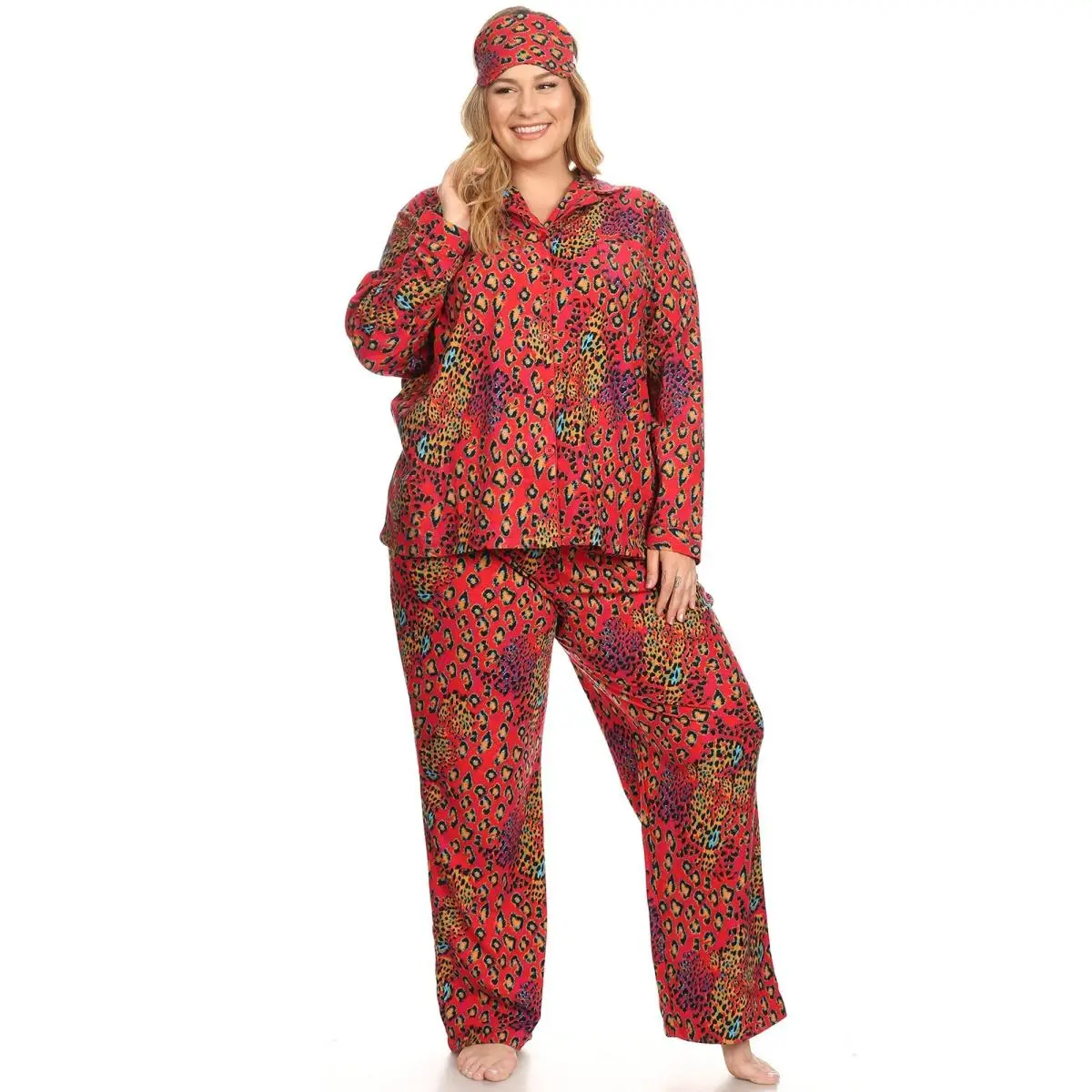 212 MAIN Women's Red Leopard Plus Size 3-Piece Longsleeve Comfortable Fabric Breathable Pajama Set - PS3610-14-1XL, Ladies' Loungewear Nightwear with Leg Coverage