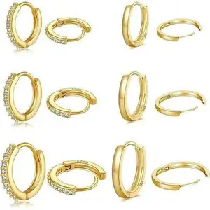 6 Pairs Gold Huggie Hoop Earrings Set – 14K Gold Plated Plain & Cubic Zirconia Small Hoops, Hypoallergenic S925 Silver Post Cartilage Ear Clips for Women Girls, Funky Unique Accessories Jewelry for Daily Stacking & Piercing
