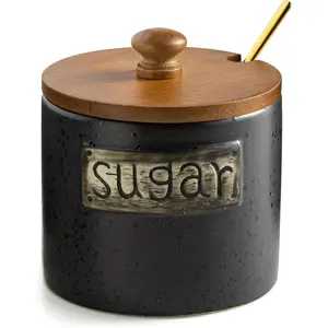 Ceramic Sugar Bowl with Lid and Spoon, 15 Oz Farmhouse Sugar Container Holder for Coffee Bar Accessories, Food Storage Containers Modern Kitchen Decor Housewarming Gift, Black